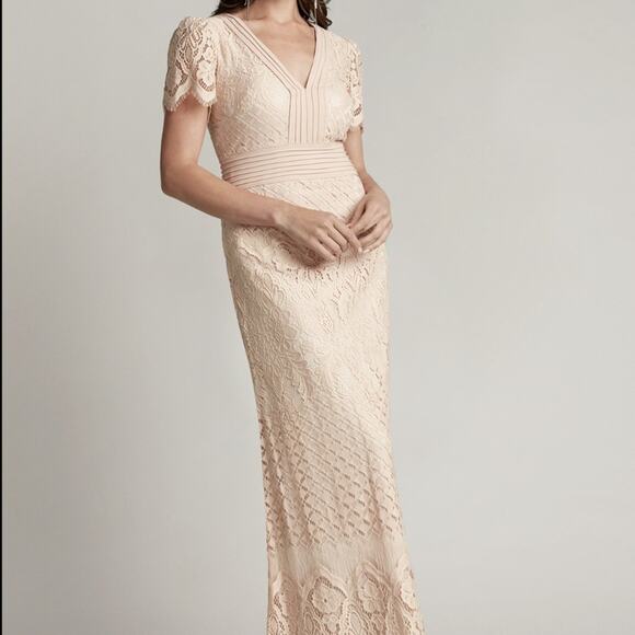 Tadashi Shoji Pink Puff Sleeve V-Neck Gown - Picture 1 of 16